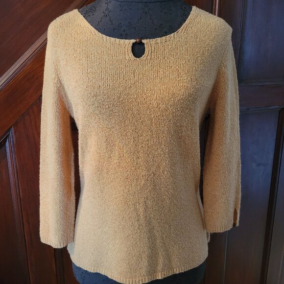 Vtg Talbots Womens S Textured Knit Sweater Gold 3/4 Sleeve Keyhole Button Detail - Picture 1 of 8